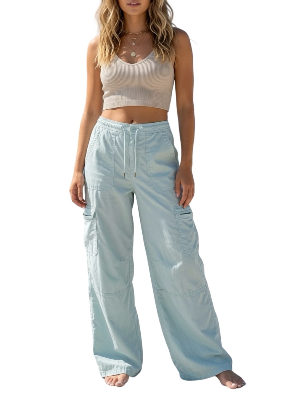 AE Dreamy Drape Super High-Waisted Baggy Cargo Pants - Salty Air Pale Blue Sz 12
